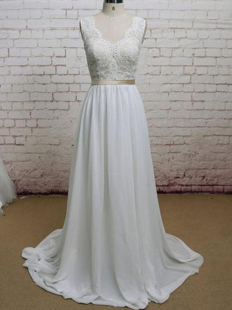Backless V Neck Cap Sleeve Lace Simple Cheap Beach Wedding Dresses, WDY0192