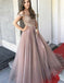 A-Line Off-the-Shoulder Blush Tulle Prom Dress With Beading, Cheap Prom Dresses,PDY0214
