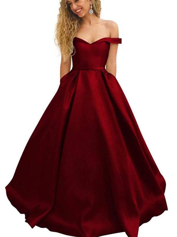 Off-the-Shoulder A-line Burgundy Satin Prom Dress ,Cheap Prom Dresses,PDY0408