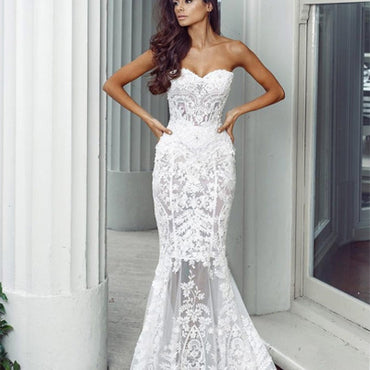 Charming Sweetheart Long Mermaid Lace Wedding Dresses, Sexy Backless Tulle Bridal Gown, WDY0117