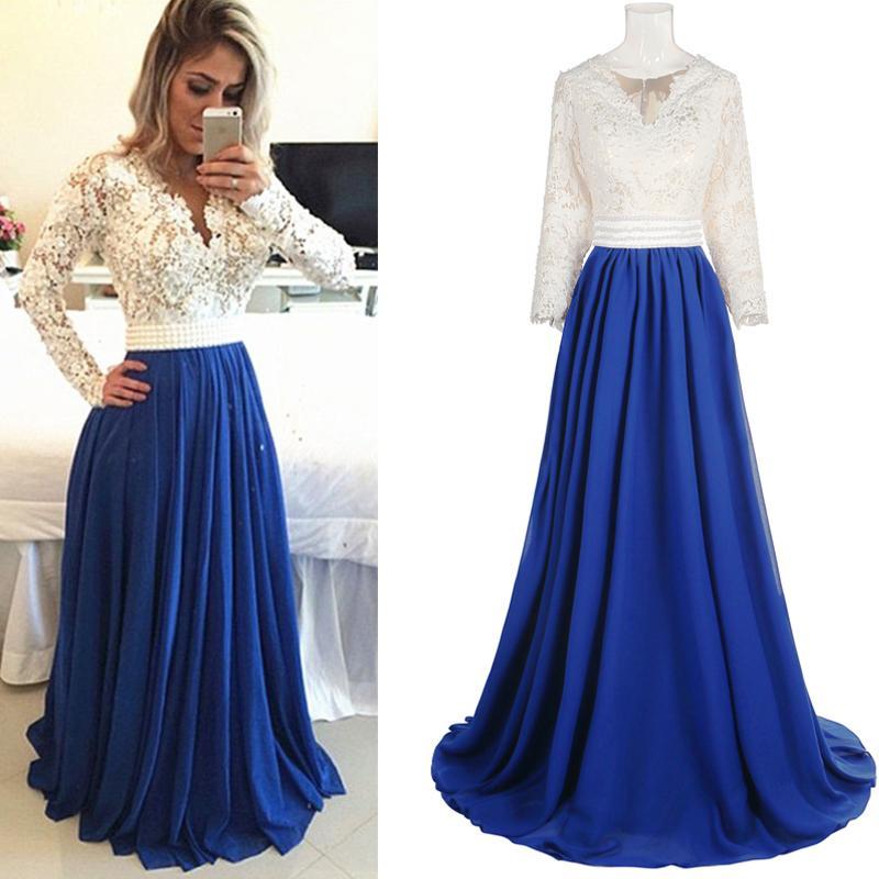 V-neck Long Sleeve Lace Top Royal Blue Chiffon Prom Dresses, Long Sleeve Popular Prom Dresses, BG0346