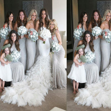 Elegant Strapless Long Sliver Grey Mermaid Bridesmaid Dress With Sequins,Bridesmaid Gown,WGY0179