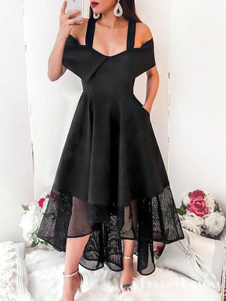 Straps Black Satin Asymmetrical Homecoming Dresses With Pockets, TYP0054