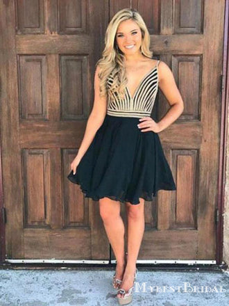 Spaghetti Straps V Neck Short Black Homecoming Dresses With Beading, TYP0060
