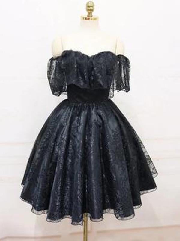 A-line Off Shoulder Cheap Black Lace Homecoming Dresses 2018, BDY0201