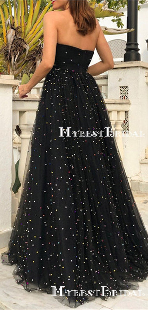 New Arrival Sweetheart Sleeveless Charming Black Tulle Heavy Beaded Long Cheap Prom Dresses, TYP0112
