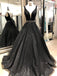 Black V-neck Lace Appliques A-line Prom Dresses, Beaded Prom Dresses, BG0439