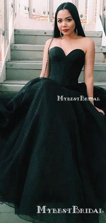 Sweetheart Chamring Newest Sleeveless Black Tulle A-line Long Cheap Formal Evening Party Prom Dresses, PDS0039
