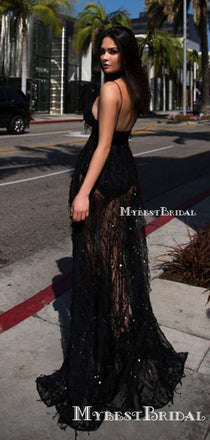 Sexy V-neck Spaghetti Strap Black See-through Lace Side Slit Long Cheap Evening Prom Dresses, PDS0066