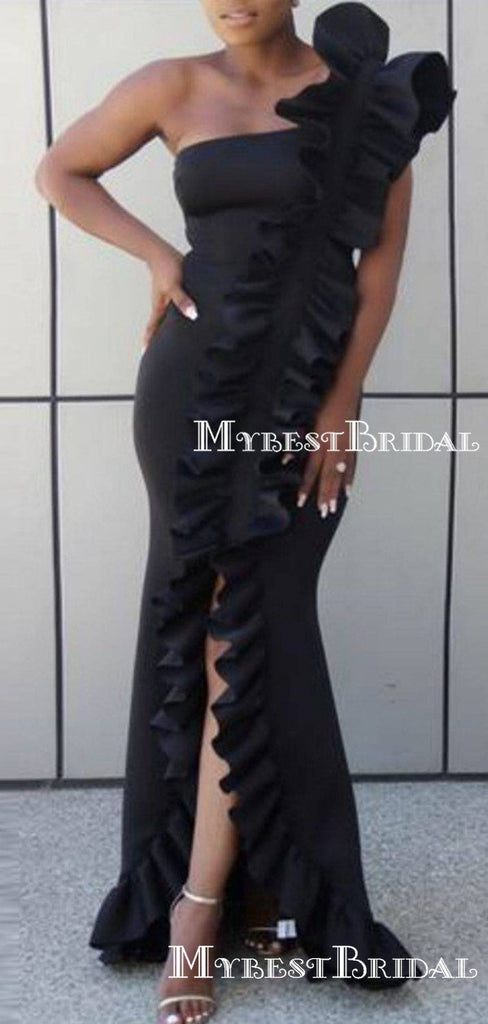 New Arrival Hot Selling One Shoulder Sleeveless Black Satin Long Cheap Side Slit Prom Dresses, TYP0113