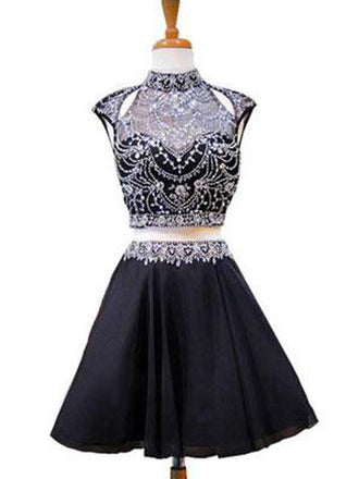 High Neck Beaded Short Two Piece Black Homecoming Dresses 2018, BDY0180