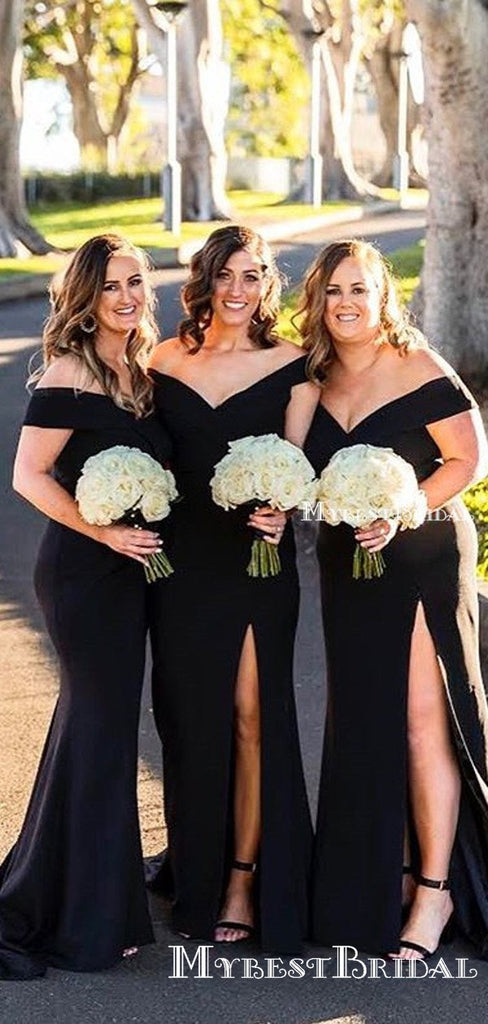 Off-The-Shoulder Charming Black Sexy Side Slit Mermaid Long Cheap Bridesmaid Dresses, BDS0049