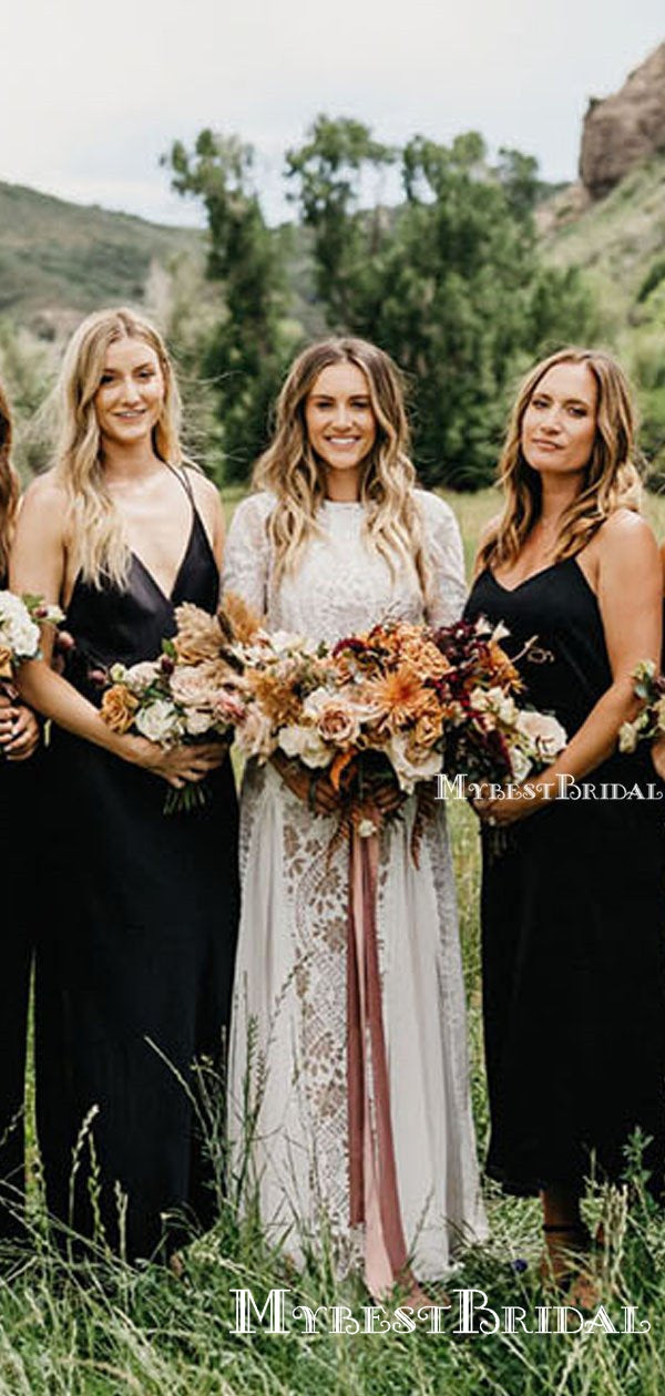 Mismatched Black Satin Long Bridesmaid Dresses, Cheap Bridesmaid Dress mybestbridal Mismatched Black Satin Long Bridesmaid Dresses, Cheap Bridesmaid Dress mybestbridal