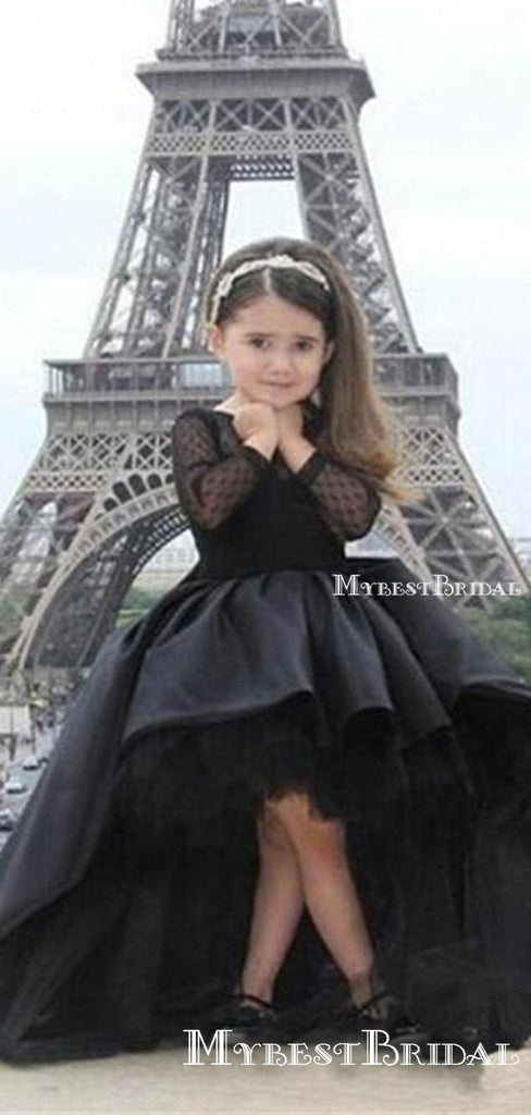 Elegant Black Satin Long Sleeves High-low A-line Long Cheap Flower Girl Dresses, FGS0011