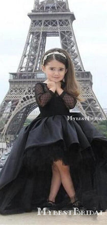 Elegant Black Satin Long Sleeves High-low A-line Long Cheap Flower Girl Dresses, FGS0011