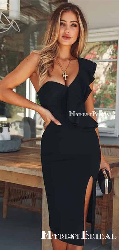 Charming One Shoulder Black Side Slit Short Cheap Homecoming Dresses, HDS0002