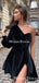 Black One-Shoulder Long Sleeve Velvet Short Cheap Homecoming Dresses, HDS0024