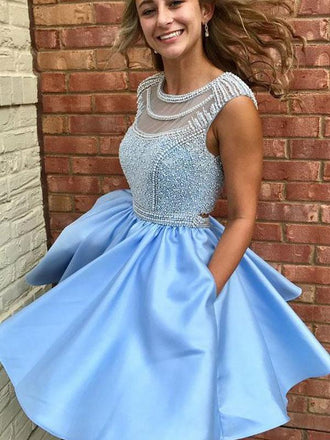 Open Back Blue Cap Sleeve Heavily Beaded Bateau Cute Homecoming Dresses 2018, BDY0250