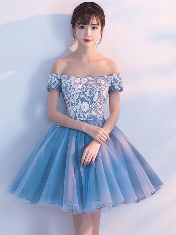 Cheap Blue Off Shoulder Lace Cute Homecoming Dresses, BDY0195 mybestbridal Cheap Blue Off Shoulder Lace Cute Homecoming Dresses, BDY0195 mybestbridal