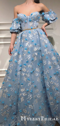 Gorgeous Newest Sweetheart Off-The-Shouder Blue Appliqed A-line Long Cheap Prom Dresses, PDS0021