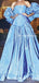 Newest Elegant Off-The-Shoulder Long Sleeves Blue Saitn A-line Long Cheap Evening Party Prom Dresses, PDS0017