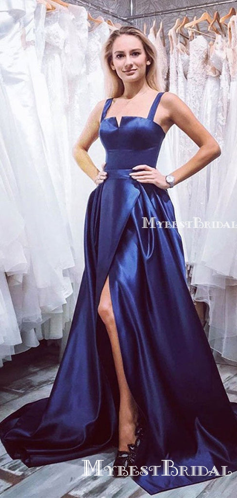 Elegant Simple Square Neckline Blue Satin Side Slit A-line Long Cheap Formal Evening Prom Dresses, PDS0038