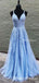 Charming Elegant Spaghetti Strap V-neck Blue Lace A-line Long Cheap Formal Evening Party Prom Dresses, PDS0048