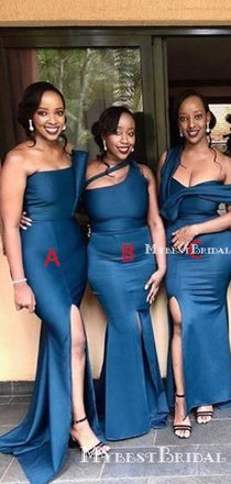 Mismatched Charming Blue Elastic Satin Mermaid Long Cheap Floor-Length Bridesmaid Dresses, BDS0038