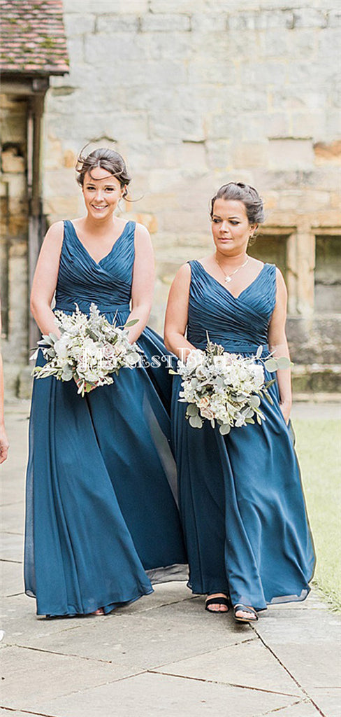 Charming V-neck Blue Chiffon A-line Long Cheap Bridesmaid Dresses, BDS0130