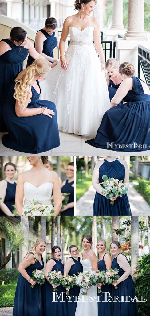 Mismatched Charming Blue Chiffon A-line Long Cheap Bridesmaid Dresses, BDS0070
