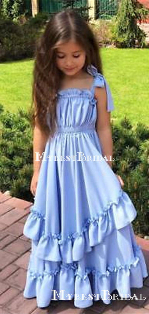 Charming Spaghetti Strap Blue Satin Chiffon A-line Long Cheap Flower Girl Dresses, FGS0023
