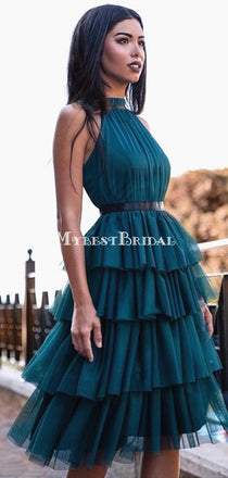 Charming Halter Blue Tulle Short Cheap Homecoming Dresses, HDS0036