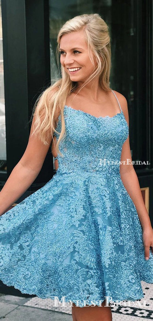 Popular Spaghetti Straps Blue Lace A-line Short Cheap Homecoming Dresses, HDS0008
