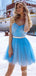 New Arrival V-neck Blue Tulle Beaded A-line Short Cheap Homecoming Dresses, HDS0009