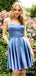 Charming Spaghetti Strap Blue Satin A-line Short Cheap Homecoming Dresses, HDS0010