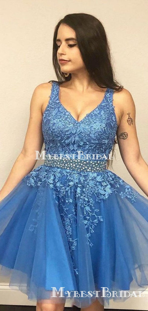 New Arrival V-neck Blue Tulle Lace Appliqued A-line Short Cheap Homecoming Dresses, HDS0014