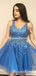 New Arrival V-neck Blue Tulle Lace Appliqued A-line Short Cheap Homecoming Dresses, HDS0014