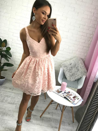 Short Cheap Simple V Neck Blush Pink Lace Homecoming Dresses 2018, BDY0365