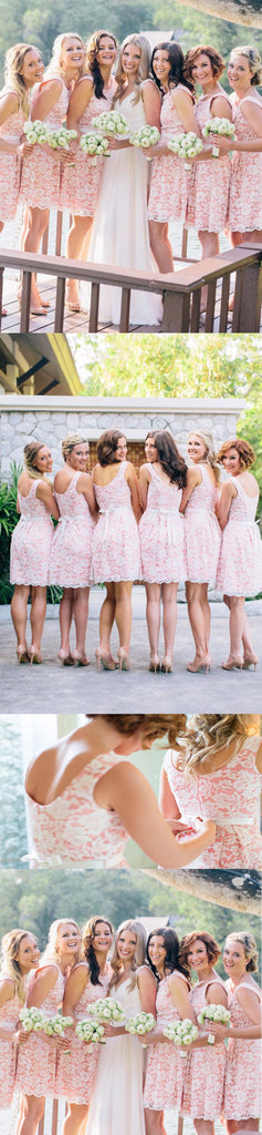 Newest Short White Lace Pink Round Neck Sleeveless Wedding Party Dresses, Bridesmaid Dresses,WGY0144