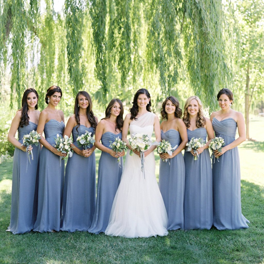 Bride and Bridal Party in Blue and Gray