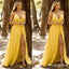 Sexy V-neck Spaghetti Yellow Elastic Silk Side Slit A-line Long Cheap Bridesmaid Dresses, BDS0023