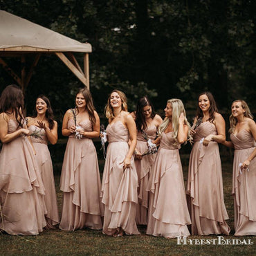 Sweetheart Sleeveless Charming A-line Pink Chiffon Floor-Length Long Cheap Bridesmaid Dresses, TYP0110
