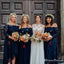 Charming Off-The-Shoulder Long Sleeves Mismatched Navy Blue Chiffon Long Cheap Bridesmaid Dresses, BDS0010