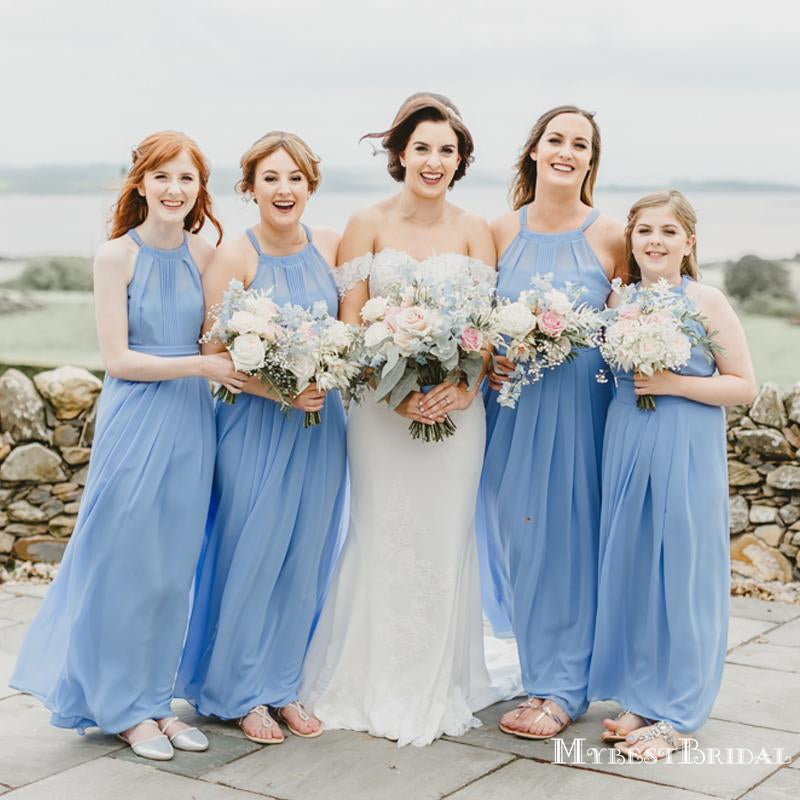 New Arrival ELegant Simple Halter Sleeveless A-line Blue Chiffon Long Cheap Bridesmaid Dresses, TYP0105