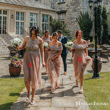 Mismatched Champagne Tulle Top Sequin Charming Cheap Wedding Party Bridesmaid Dresses, TYP0107