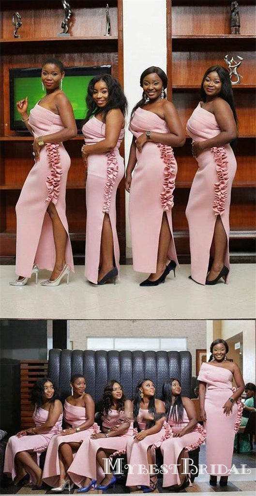 Pink One Shoulder Sleeveless Side Slit Long Bridesmaid Dresses With Ruched, TYP0006