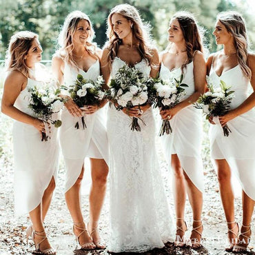 Simple Spaghetti Strap V-neck Ivory Chiffon Tea-Length Cheap Bridesmaid Dresses, BDS0012