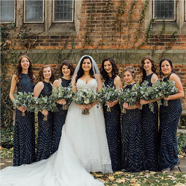 Navy Round Neck Beaded Mermaid Long Cheap Bridesmaid Dresses, BDS0098