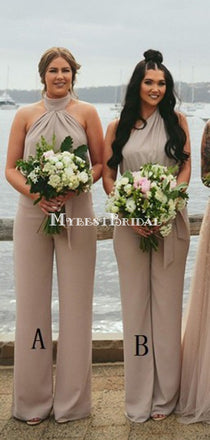 Sleeveless Halter Long Chiffon Bridesmaid Jumpsuit,Cheap Bridesmaid Dresses,WGY0348