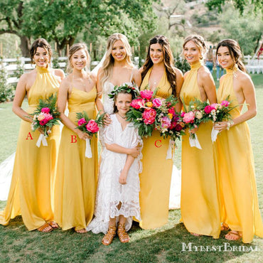 Mismatched Yellow Elastic Silk A-line Long Cheap Bridesmaid Dresses, BDS0086
